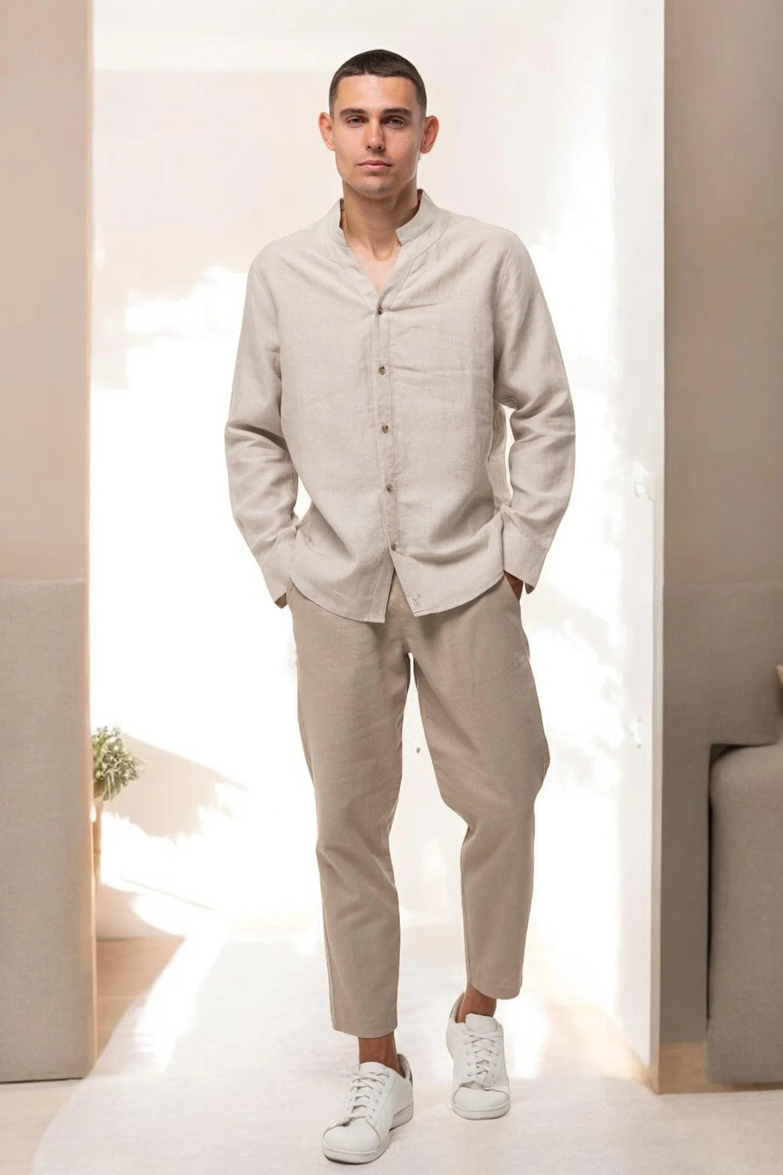 Men's 100% Cotton Linen Shirt with V-Shape Collar – Loose Fit & Ultra- – CROWN STYLE