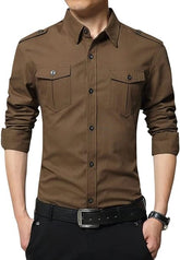 Dark Brown Cotton Button-Down: Men's Casual Regular Fit Long Sleeve Shirt