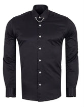 Handmade Black Cotton Shirt with Round Pin Collar – Classic & Sophisticated