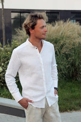 Men’s Handmade Linen White Shirt – Band Collar, Regular Fit