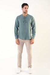 Green Linen-Effect Men's Shirt with Mandarin Collar, Tie Rope, and Long Sleeves