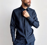 Handmade Dark Blue Cotton-Linen Men's Shirt – Spread Collar Elegance