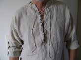 Sky Blue Linen Elegance: Men's V-Neck Summer Shirt with Button Cuff and Linen Cord