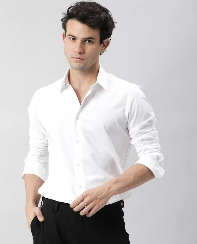 Cloud Comfort: 100% Stretch Soft Cotton Casual White Dress Shirt for Men