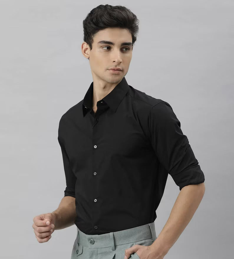 Cloud Comfort: 100% Stretch Soft Cotton Casual Black Dress Shirt for Men