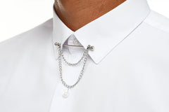 Snowy Serenade: Handcrafted White Cotton Casual Shirt with Collar Chain