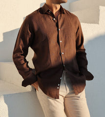 Luxe Linen: Men's Classic Brown Shirt in 100% Linen