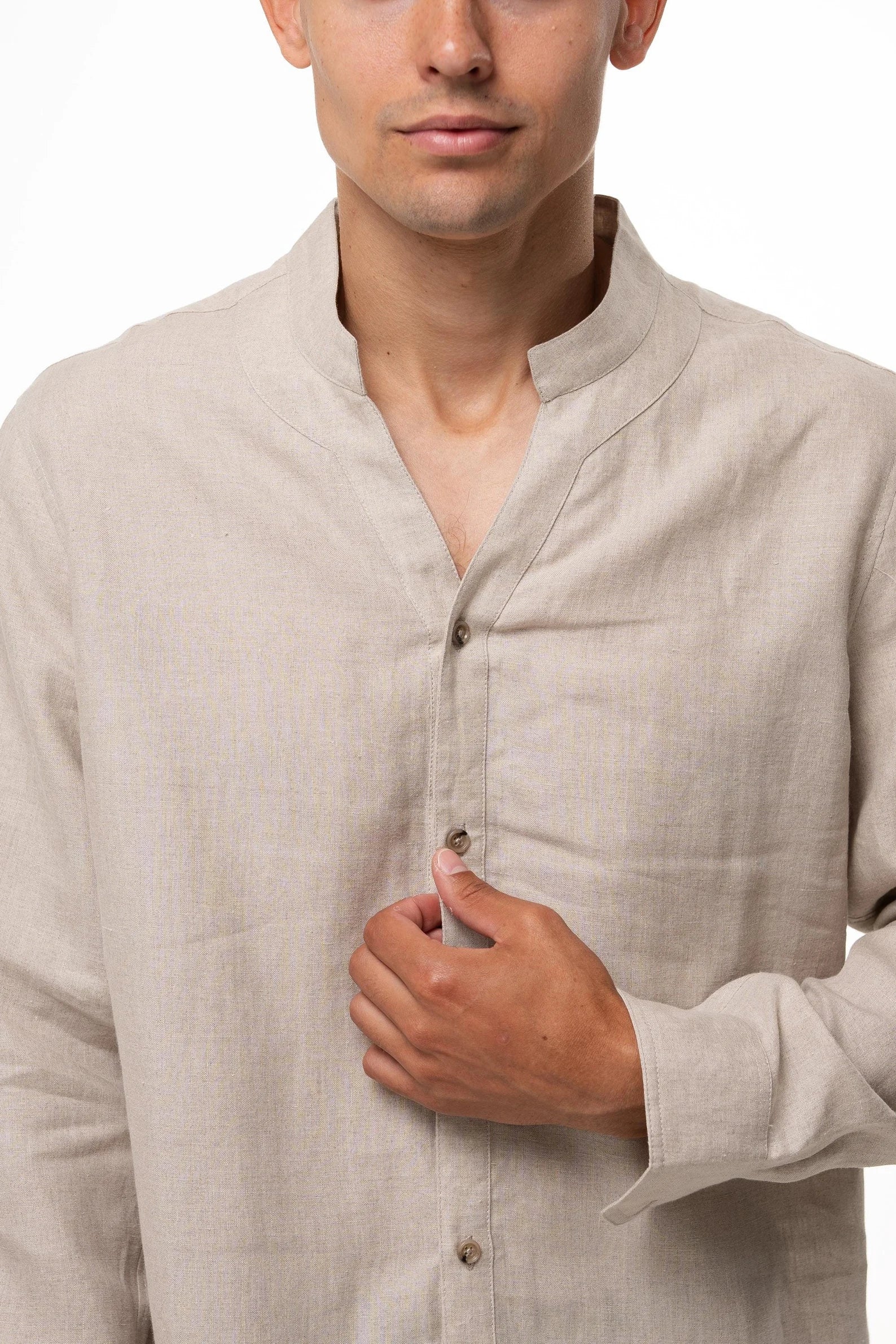 Men's 100% Cotton Linen Shirt with V-Shape Collar Loose Fit & Ultra- CROWN STYLE Men's 100% Cotton Linen Shirt with V-Shape Collar Loose Fit & Ultra- CROWN STYLE