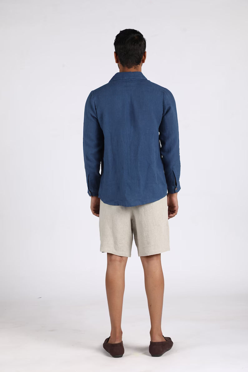 "Midnight Breeze: Indigo Blue Linen Shirt Collection"