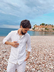 Handmade White Cotton-Linen Men's Shirt – Spread Collar Classic