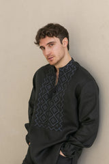 Handmade Black Embroidered Shirt – Intricate Black-on-Black Detailing