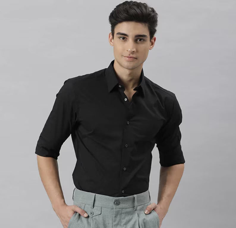 Cloud Comfort: 100% Stretch Soft Cotton Casual Black Dress Shirt for Men