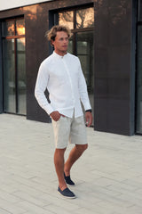 Men’s Handmade Linen White Shirt – Band Collar, Regular Fit