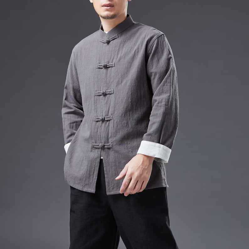 "Summer Breeze Charm: Japanese Linen Cotton Long-Sleeved Shirt with a Vintage Touch"