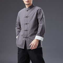 "Summer Breeze Charm: Japanese Linen Cotton Long-Sleeved Shirt with a Vintage Touch"