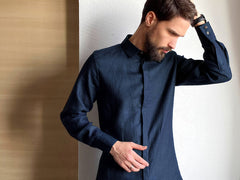Handmade Dark Blue Cotton-Linen Men's Shirt – Spread Collar Elegance