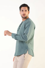 Green Linen-Effect Men's Shirt with Mandarin Collar, Tie Rope, and Long Sleeves