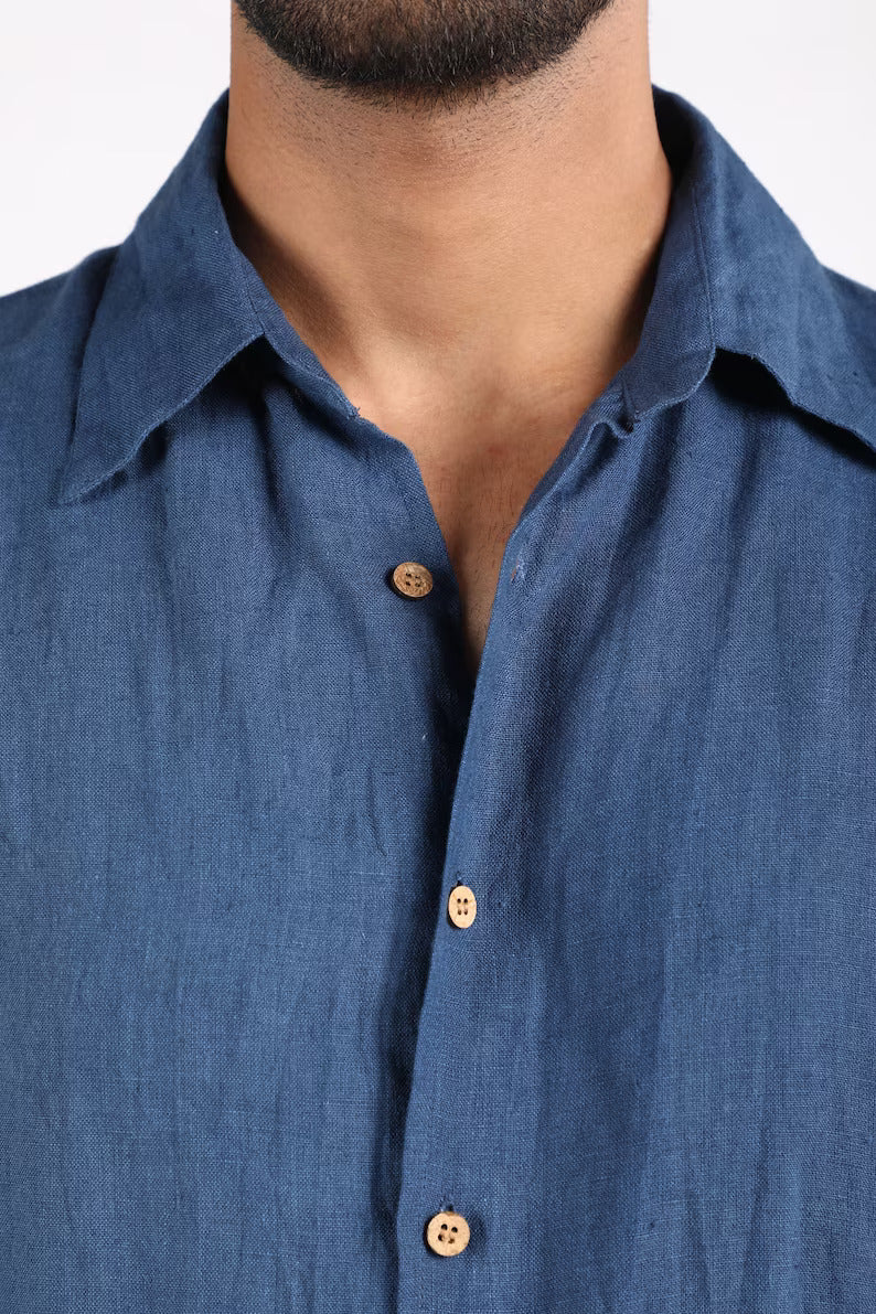 "Midnight Breeze: Indigo Blue Linen Shirt Collection"