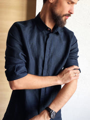 Handmade Dark Blue Cotton-Linen Men's Shirt – Spread Collar Elegance