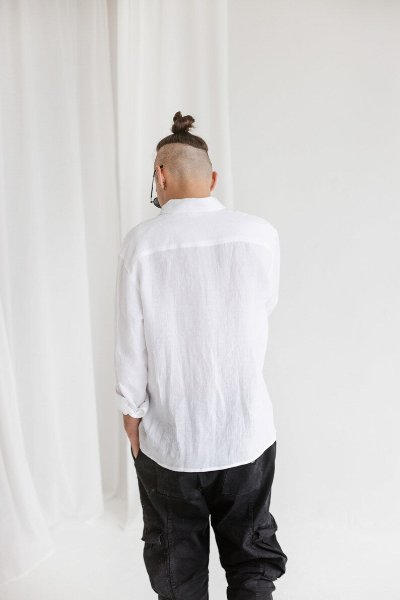 "White Linen Long Sleeve Men's Summer Shirt"