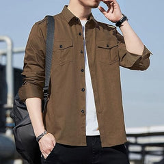 Dark Brown Cotton Button-Down: Men's Casual Regular Fit Long Sleeve Shirt