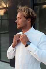 Men’s Handmade Linen White Shirt – Band Collar, Regular Fit