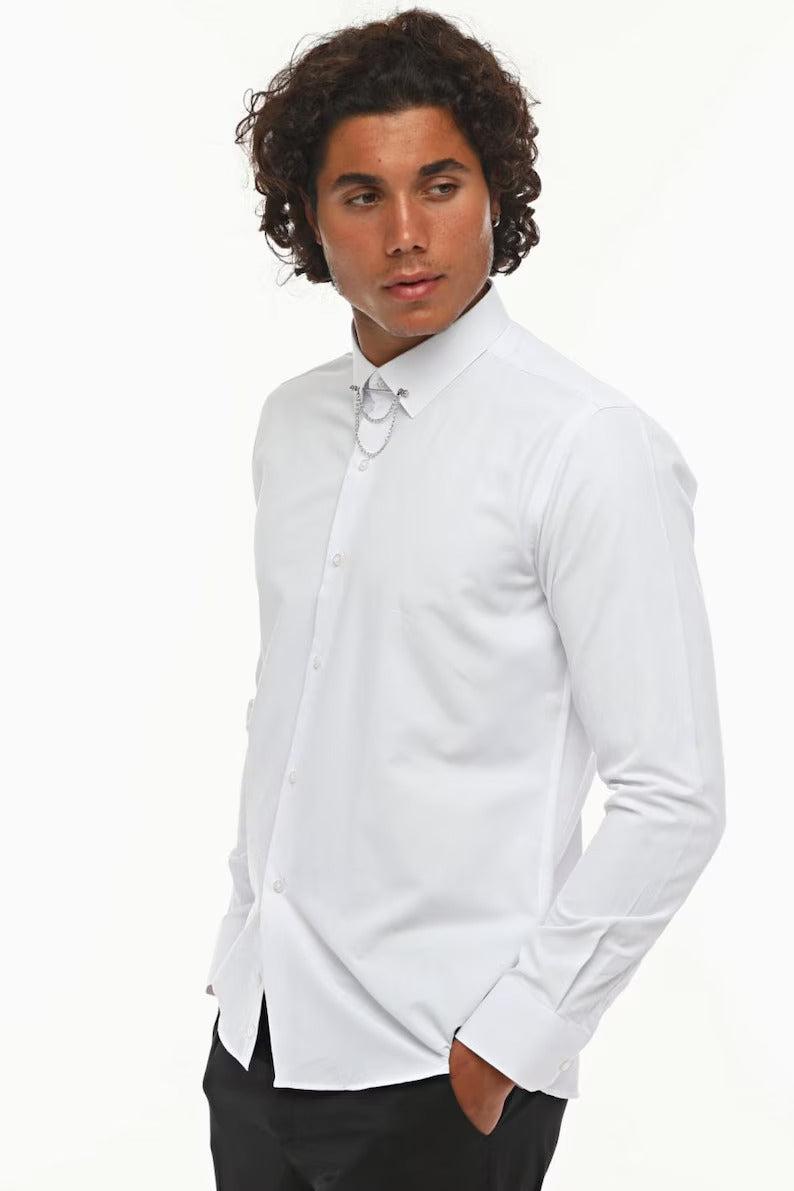 Snowy Serenade: Handcrafted White Cotton Casual Shirt with Collar Chain