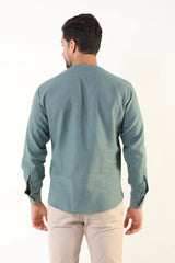 Green Linen-Effect Men's Shirt with Mandarin Collar, Tie Rope, and Long Sleeves