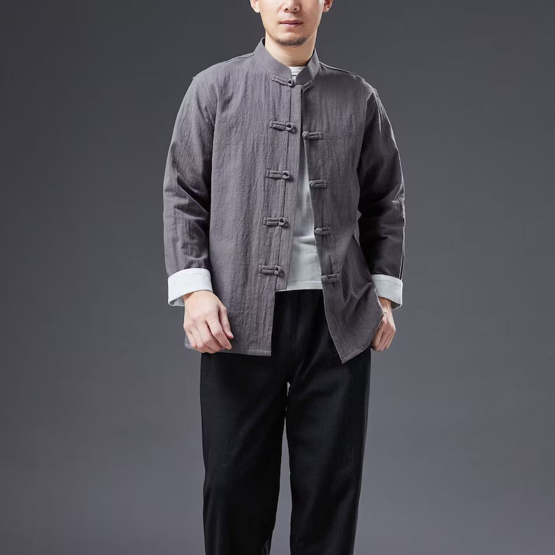 "Summer Breeze Charm: Japanese Linen Cotton Long-Sleeved Shirt with a Vintage Touch"