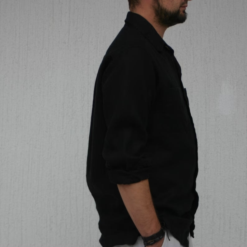 "Timeless Elegance: Black Linen Men's Shirt"