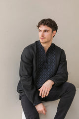 Handmade Black Embroidered Shirt – Intricate Black-on-Black Detailing