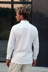 Men’s Handmade Linen White Shirt – Band Collar, Regular Fit