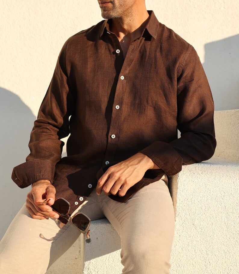 Luxe Linen: Men's Classic Brown Shirt in 100% Linen