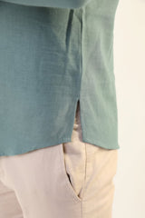Green Linen-Effect Men's Shirt with Mandarin Collar, Tie Rope, and Long Sleeves
