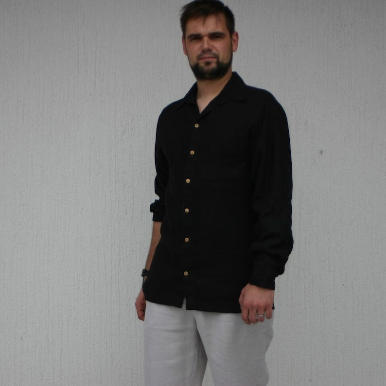 "Timeless Elegance: Black Linen Men's Shirt"