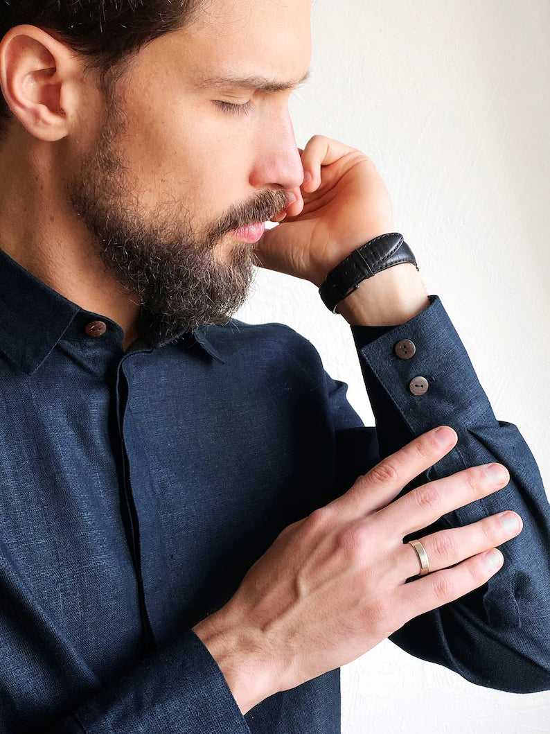 Handmade Dark Blue Cotton-Linen Men's Shirt – Spread Collar Elegance