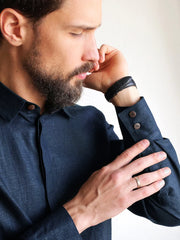 Handmade Dark Blue Cotton-Linen Men's Shirt – Spread Collar Elegance