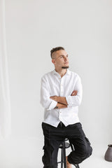 "White Linen Long Sleeve Men's Summer Shirt"