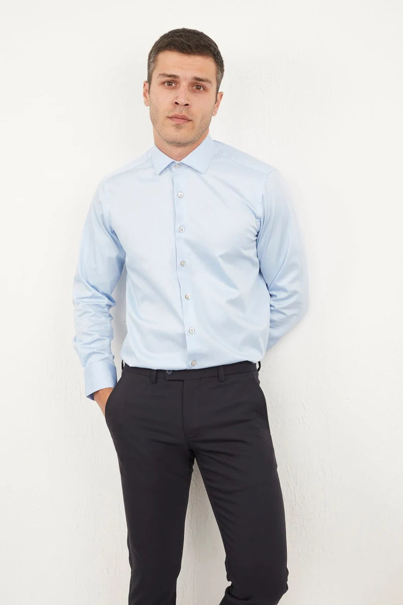 "Sky Blue Elegance: Men's Regular Fit Cotton Shirt for Formal and Casual Wear"