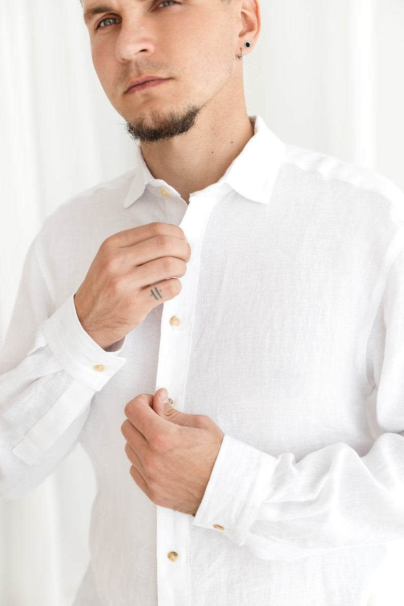 "White Linen Long Sleeve Men's Summer Shirt"