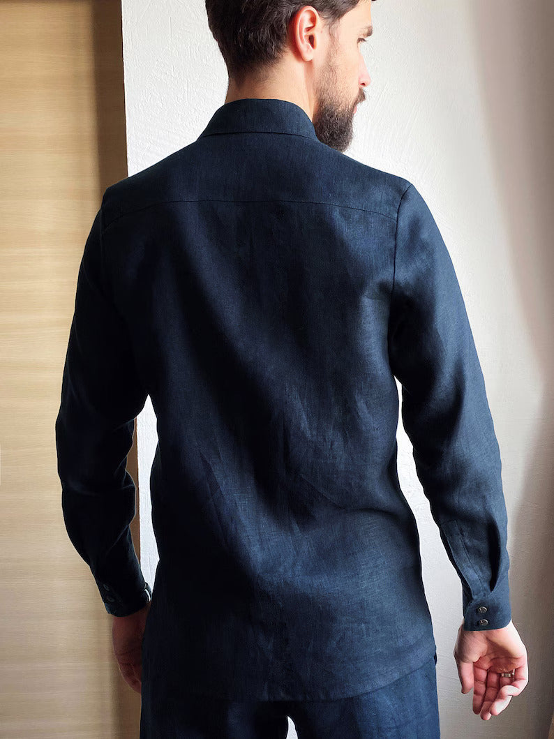 Handmade Dark Blue Cotton-Linen Men's Shirt – Spread Collar Elegance