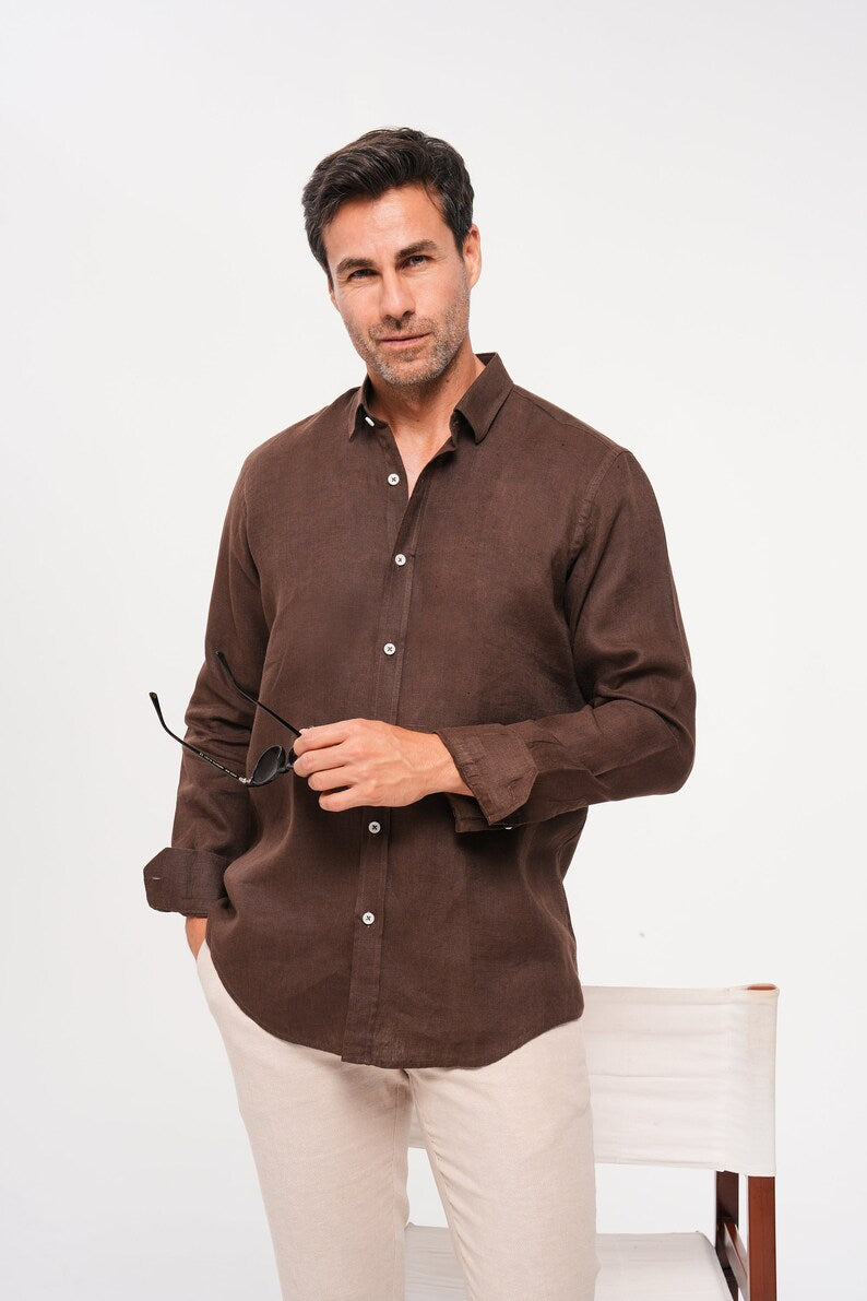 Luxe Linen: Men's Classic Brown Shirt in 100% Linen