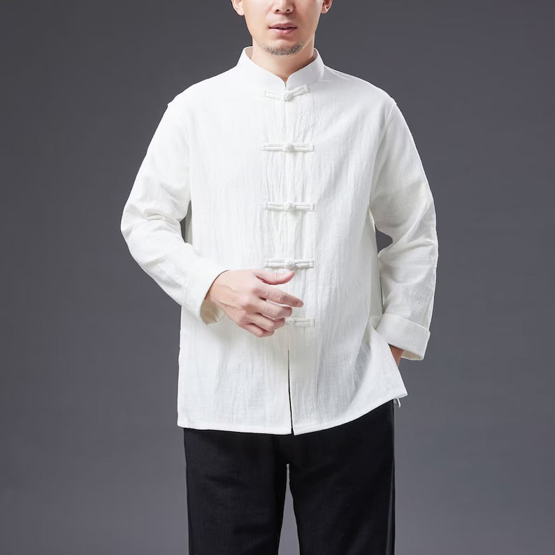 "Summer Breeze Charm: Japanese Linen Cotton Long-Sleeved Shirt with a Vintage Touch"