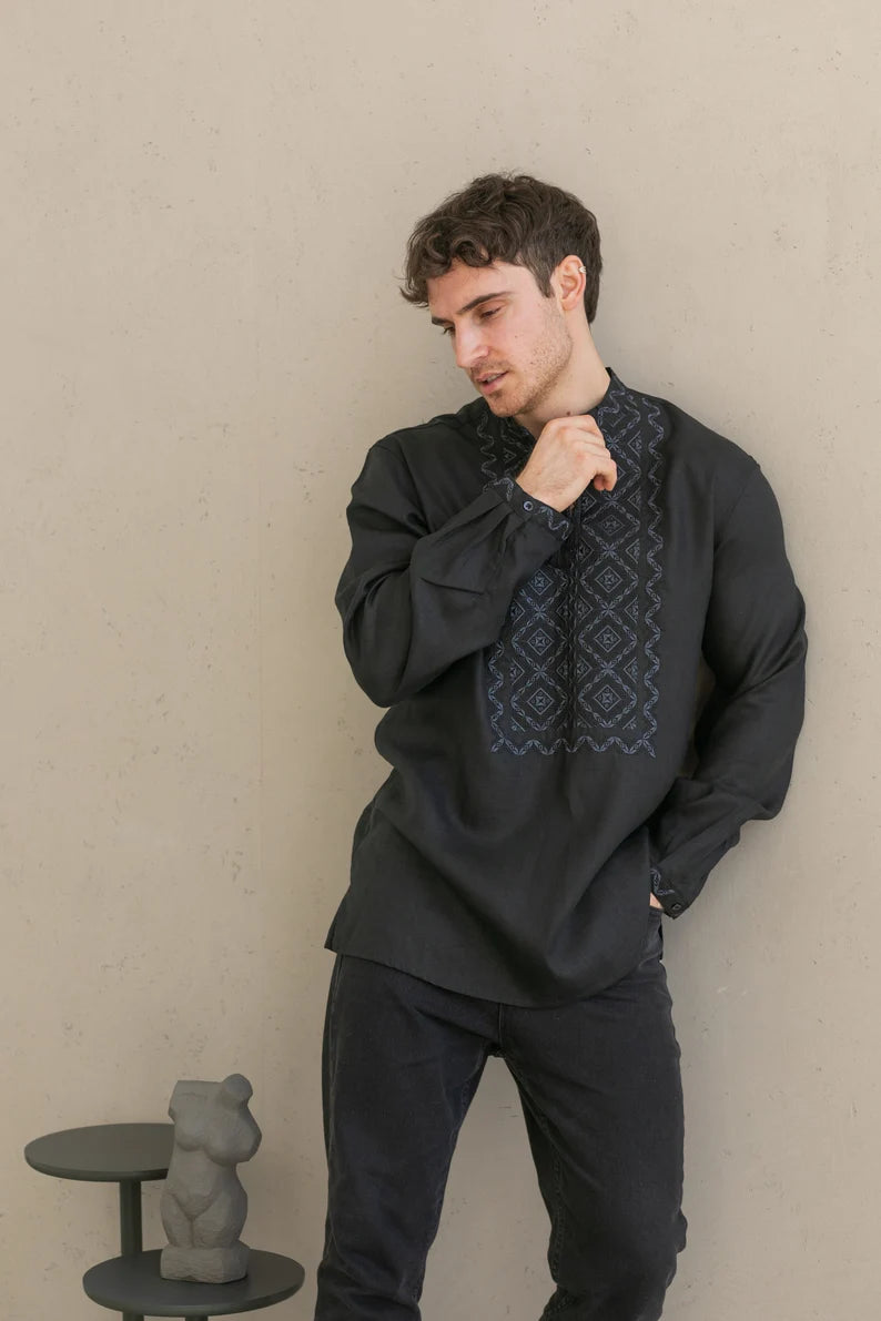 Handmade Black Embroidered Shirt – Intricate Black-on-Black Detailing
