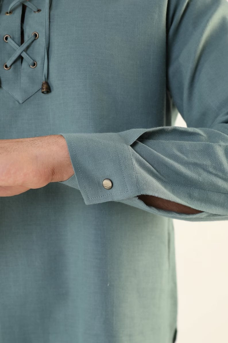 Green Linen-Effect Men's Shirt with Mandarin Collar, Tie Rope, and Long Sleeves