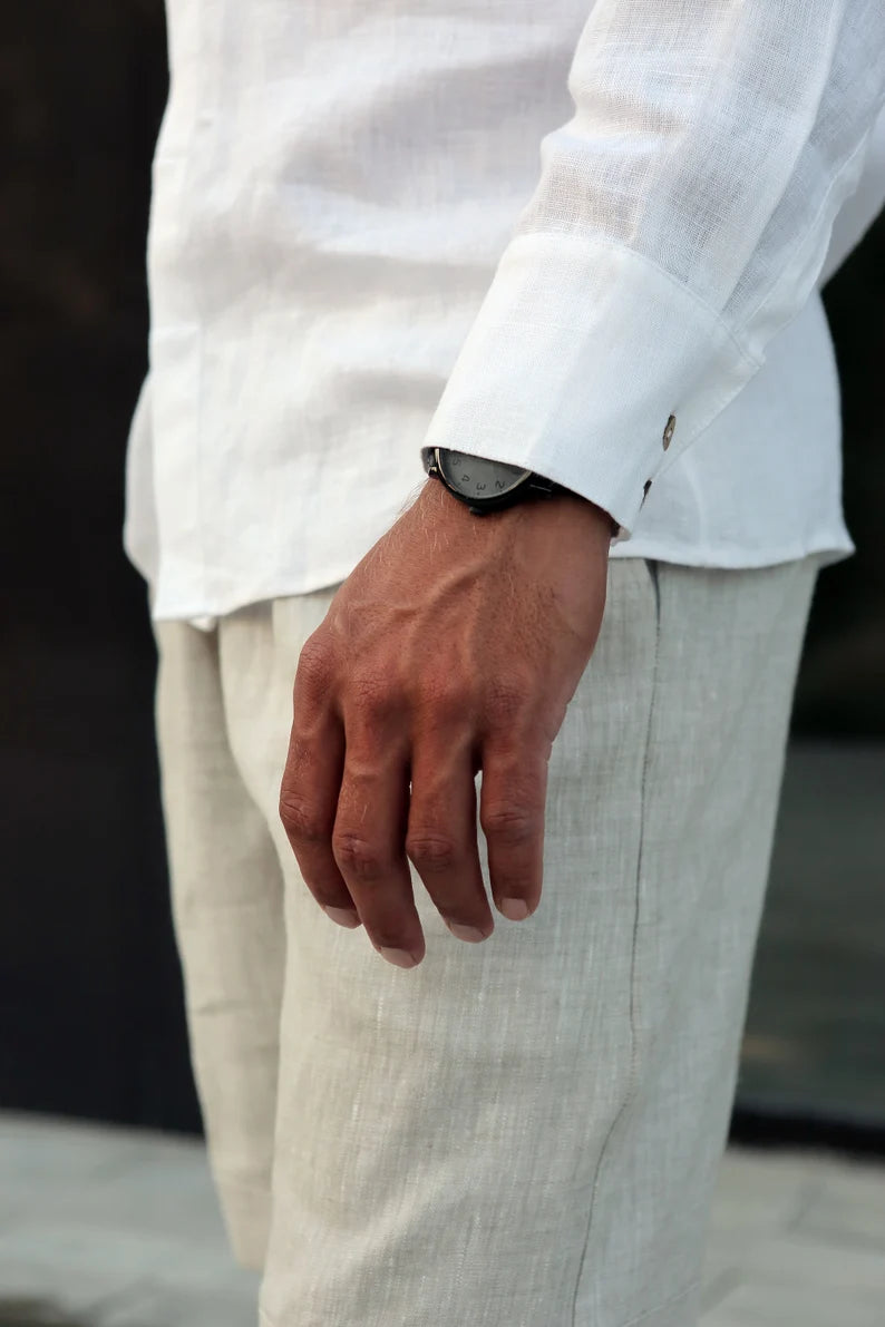 Men’s Handmade Linen White Shirt – Band Collar, Regular Fit