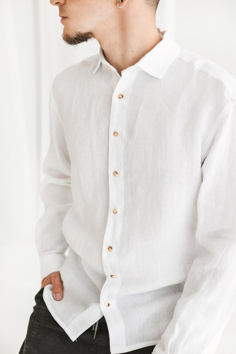 "White Linen Long Sleeve Men's Summer Shirt"