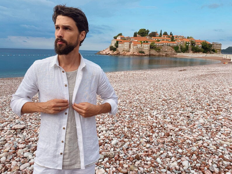 Handmade White Cotton-Linen Men's Shirt – Spread Collar Classic