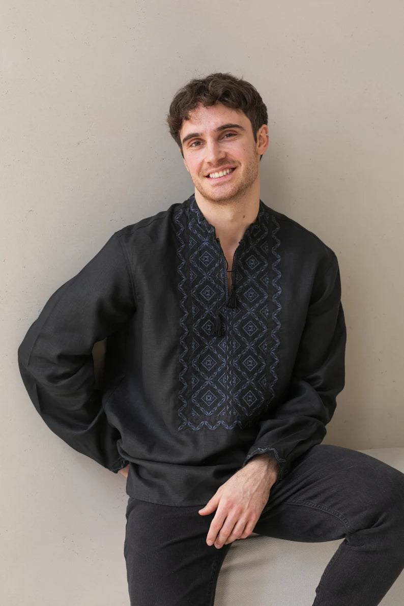 Handmade Black Embroidered Shirt – Intricate Black-on-Black Detailing