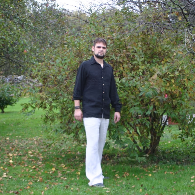 "Timeless Elegance: Black Linen Men's Shirt"